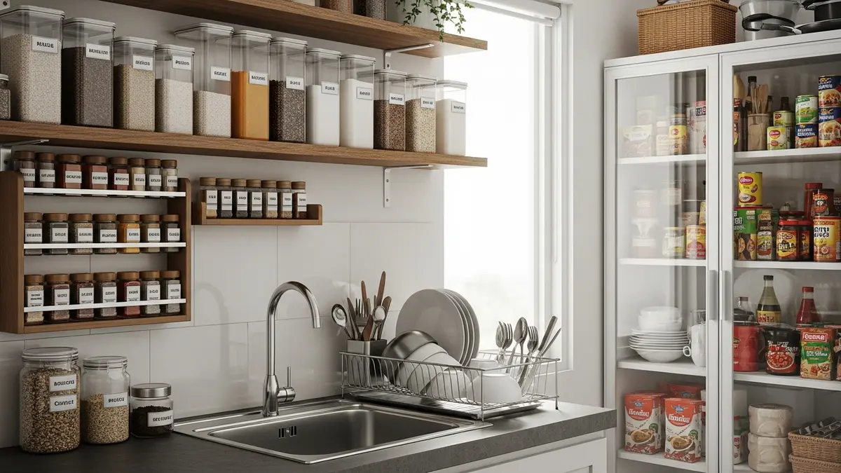 Kitchen home storage solutions with airtight containers, spice rack, and organized pantry shelves