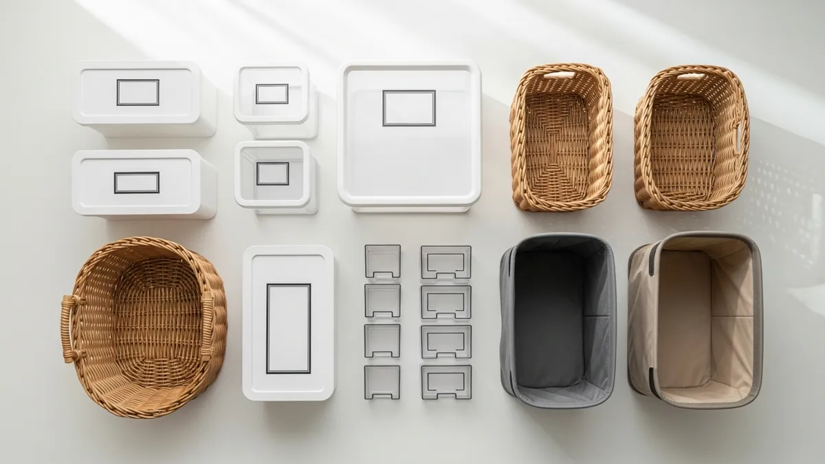 Various home storage solutions products including boxes, baskets, and organizers laid flat