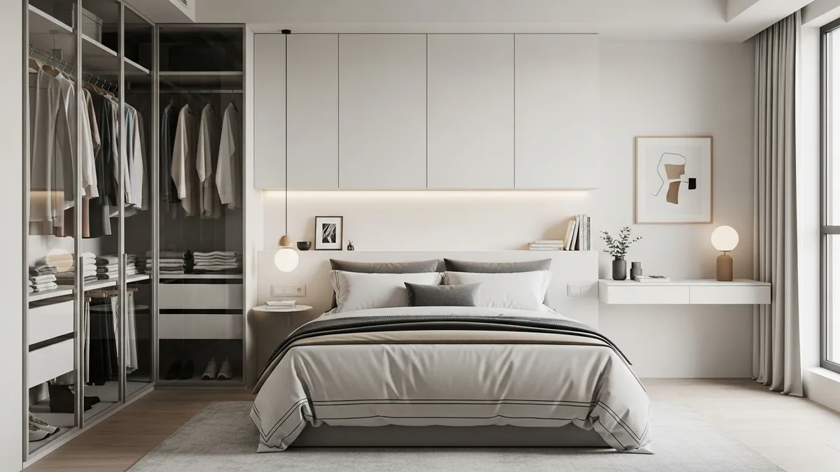Minimalist bedroom with efficient storage solutions and organized design