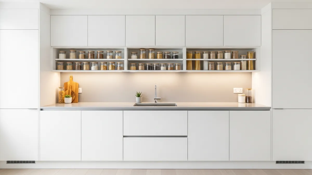 Minimalist kitchen design with organized storage containers and clean countertops