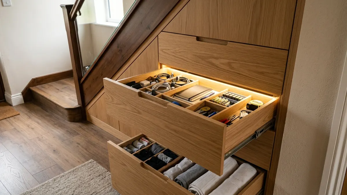 Pull-out wooden drawers built into the base of an under-stair storage unit in a home