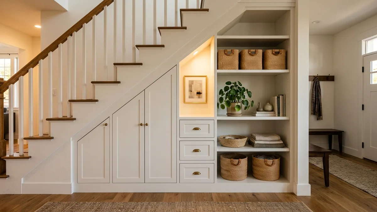 Fully finished and styled under-stair storage nook with cabinet doors, open shelves, and decorative baskets