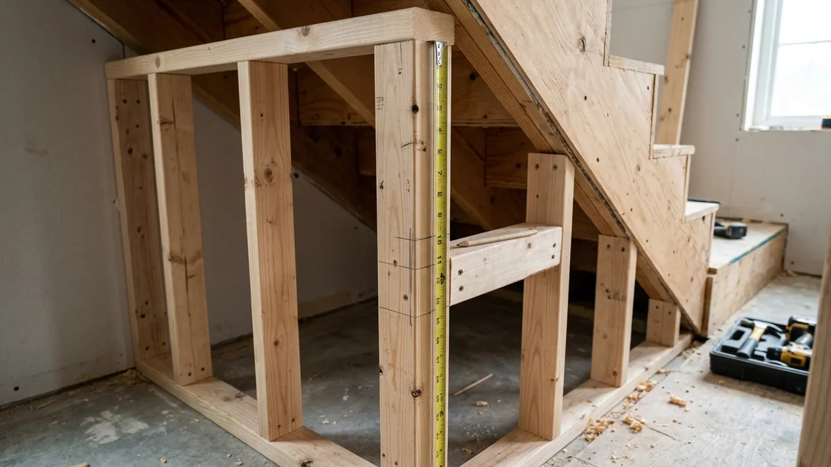 Wooden stud framing inside an under-stair storage cavity during a DIY build