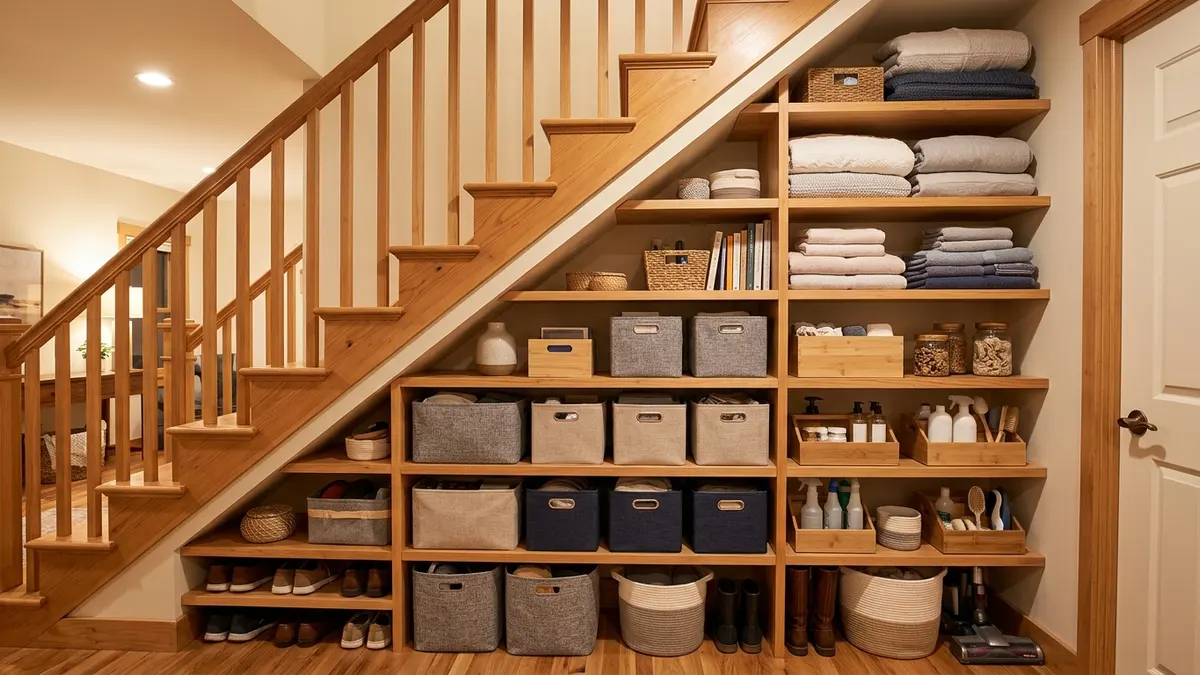 Finished open wooden shelves inside under-stair space holding organized fabric storage bins