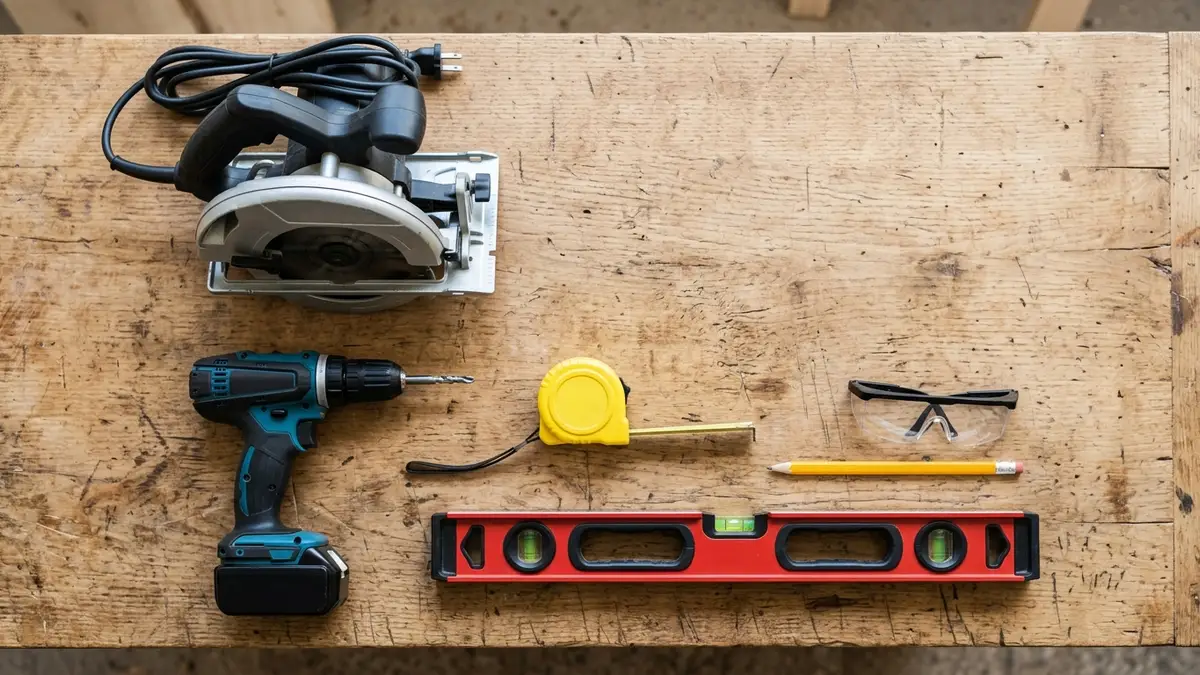 Woodworking tools laid out on a workbench for a home storage building project