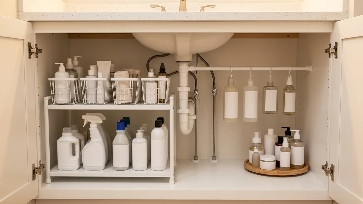 Completed DIY under-sink storage system with two-tier shelving, labeled wire baskets, hanging bottles, and a small turntable organizer