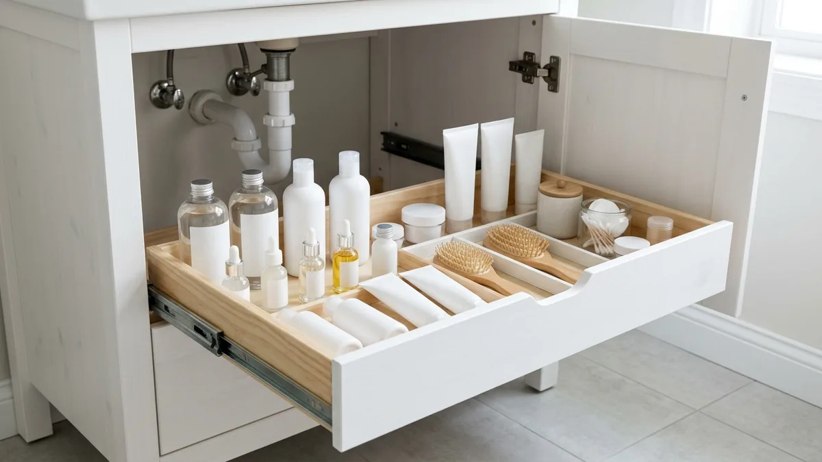 White wooden pull-out drawer on slide rails inside an under-sink bathroom cabinet filled with organized toiletries