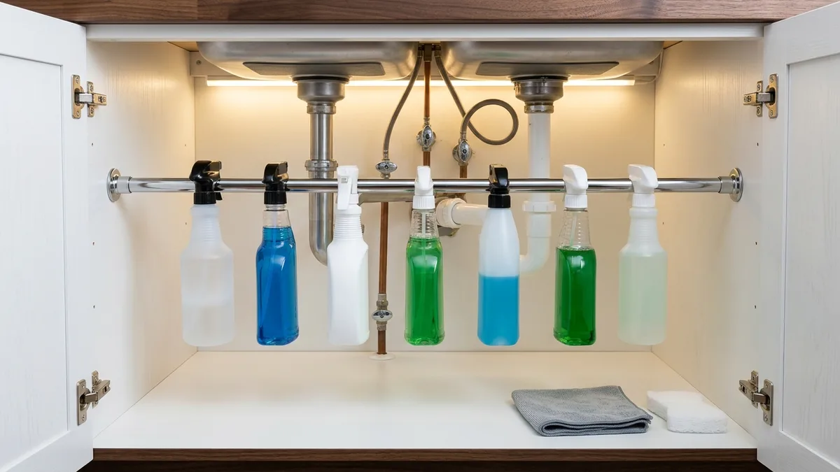 Chrome tension rod inside an under-sink cabinet with cleaning spray bottles hanging from their trigger handles to free up shelf space