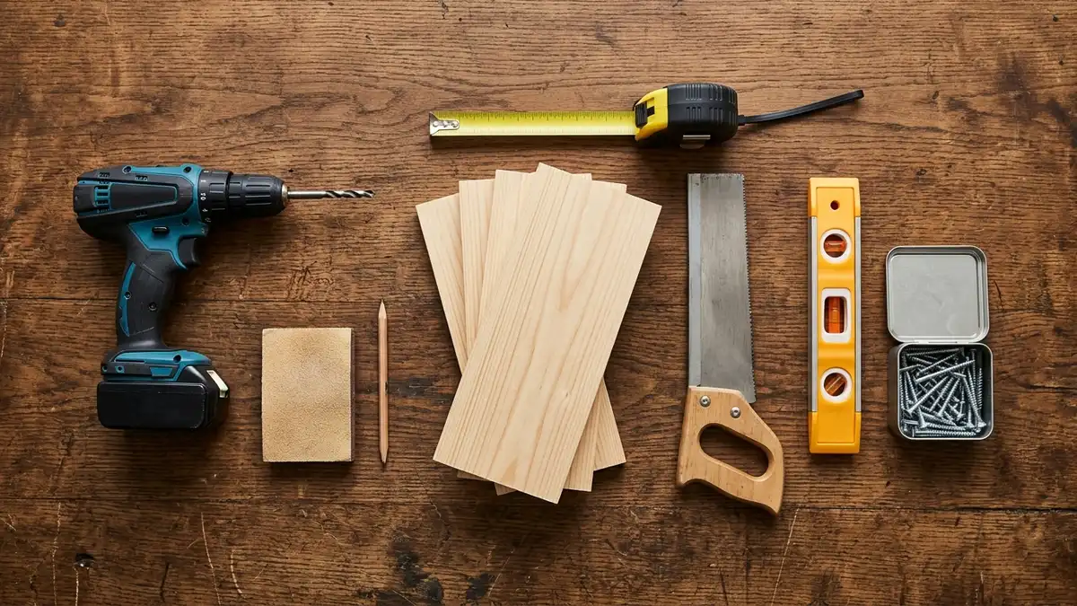 DIY tools and materials laid out on a wooden workbench including a drill, measuring tape, wooden boards, and screws for a storage project