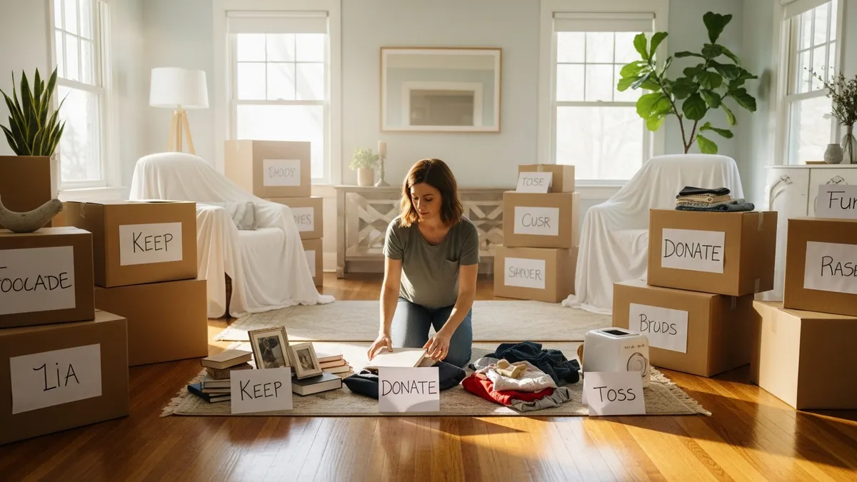 Woman decluttering her home before moving, sorting items into keep donate and toss piles with labeled moving boxes