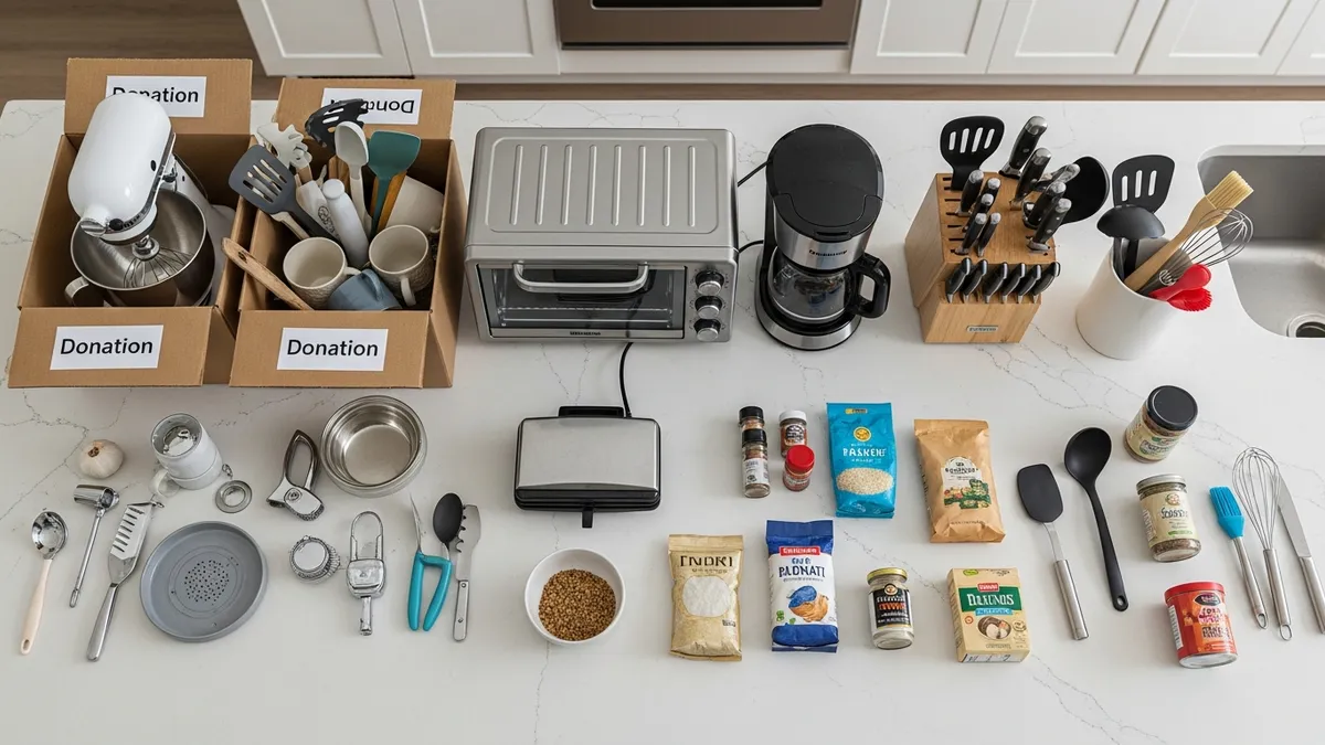 Kitchen items sorted and decluttered into groups before a home move in 2026