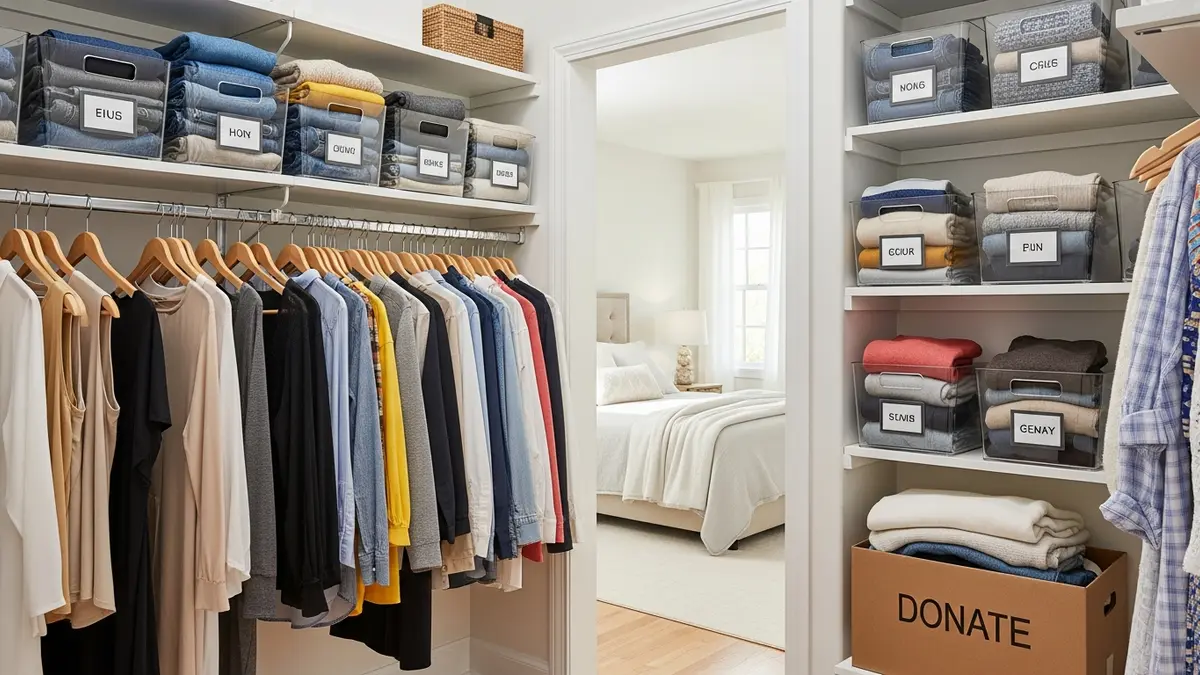 Closet decluttering before moving with sorted clothes in bins and a donate box on the floor