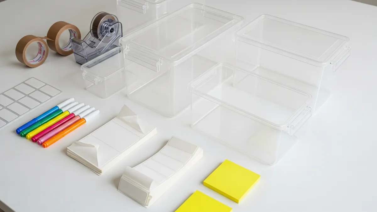 Home organization and decluttering tools laid out flat including clear bins labels and packing supplies before moving