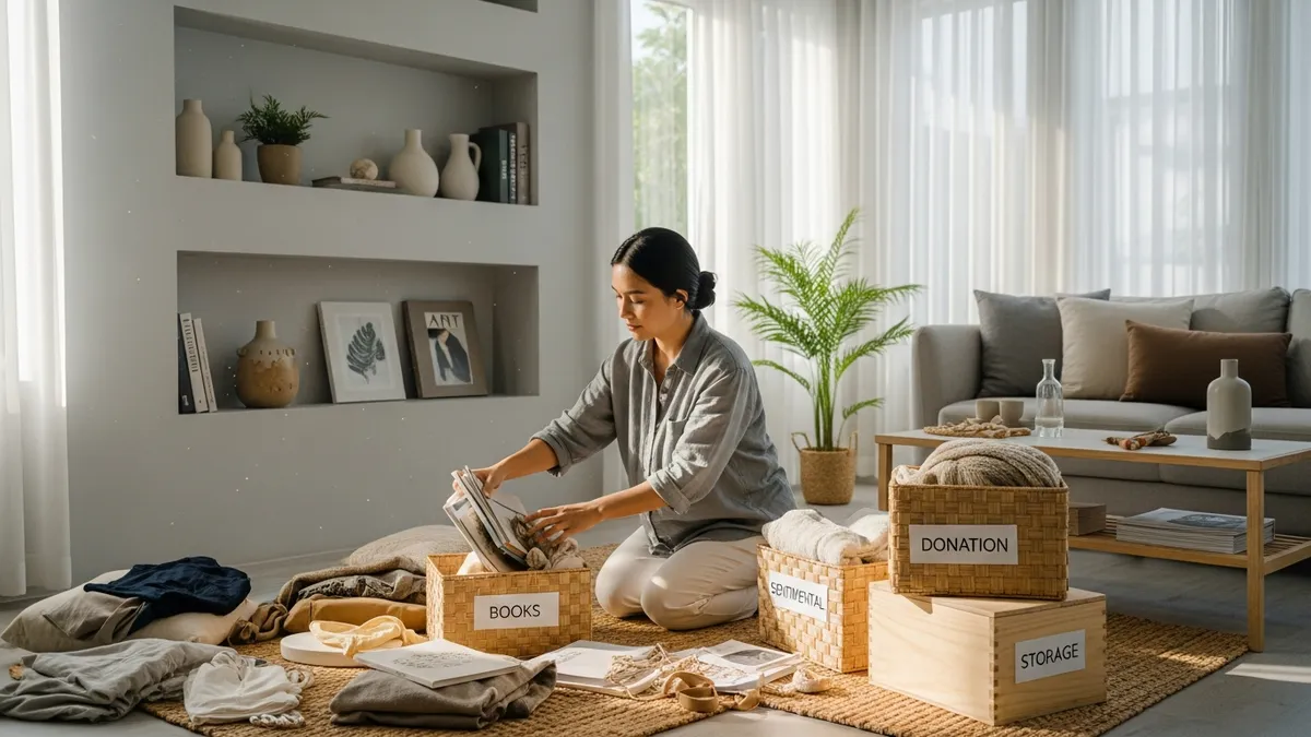 How to declutter your home - woman sorting items into storage boxes in a bright Indonesian living room