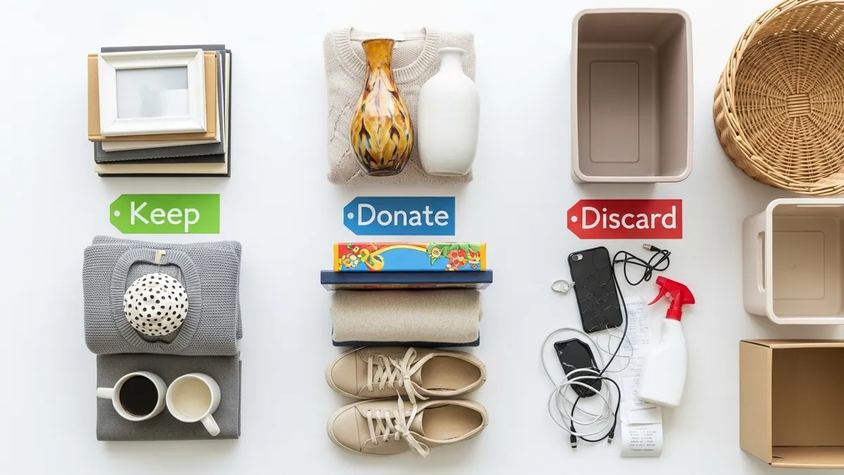 Cara menyortir barang rumah tangga menjadi tiga kategori: simpan, donasikan, dan buang saat decluttering