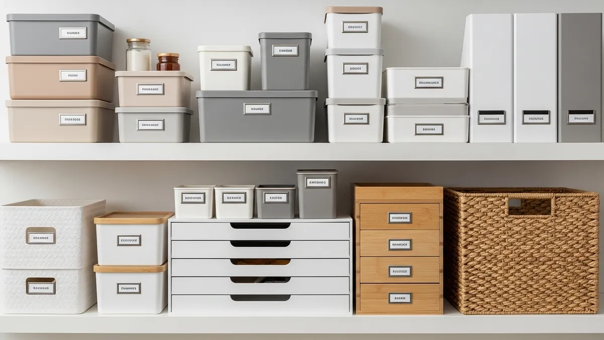 Produk organizer rumah tangga seperti storage box berlabel dan kontainer bertumpuk untuk membantu decluttering