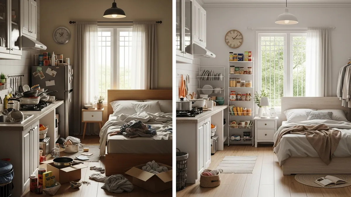 Perbandingan sebelum dan sesudah decluttering ruangan dapur dan kamar tidur rumah Indonesia
