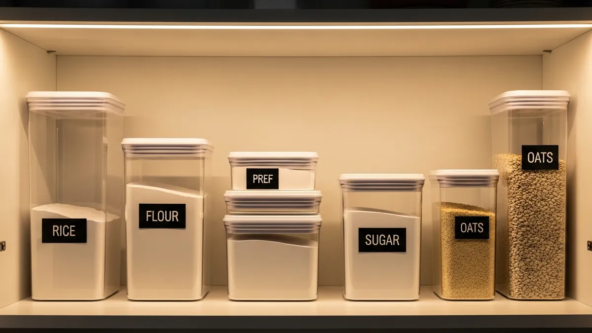 Pantry shelf with matching labeled airtight food storage containers for rice, flour, and sugar