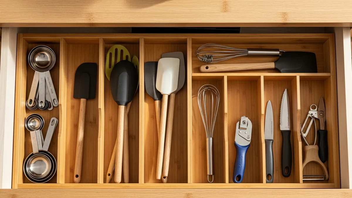 Kitchen drawer with bamboo organizer insert holding utensils and cooking tools neatly separated