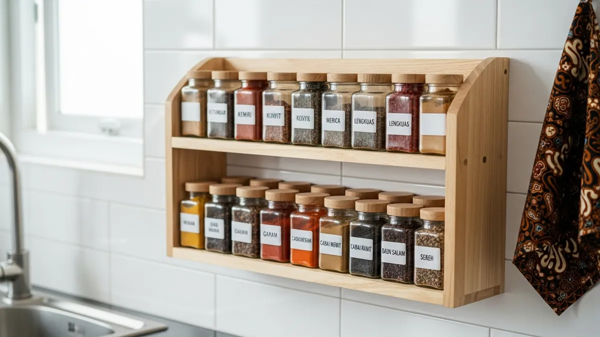 Tiered spice rack with labeled spice jars neatly arranged in an organized kitchen