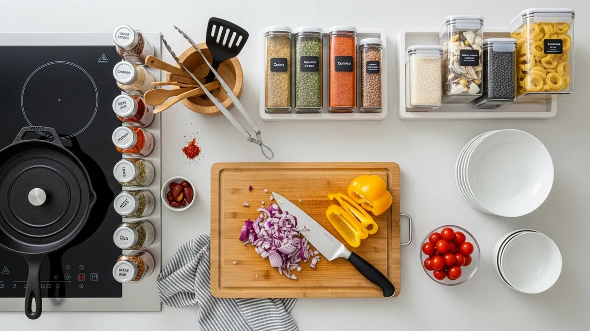 Kitchen countertop divided into functional zones for cooking, prepping, and storage