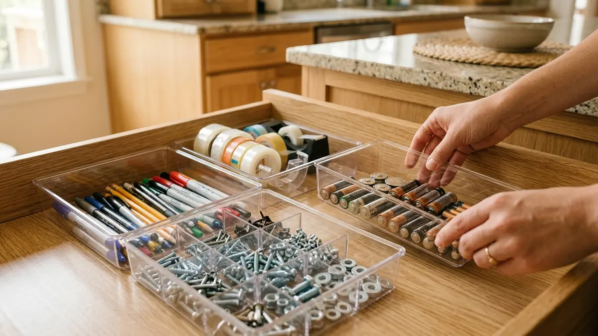 Modular clear plastic organizer insert trays being arranged inside a shallow wooden kitchen drawer