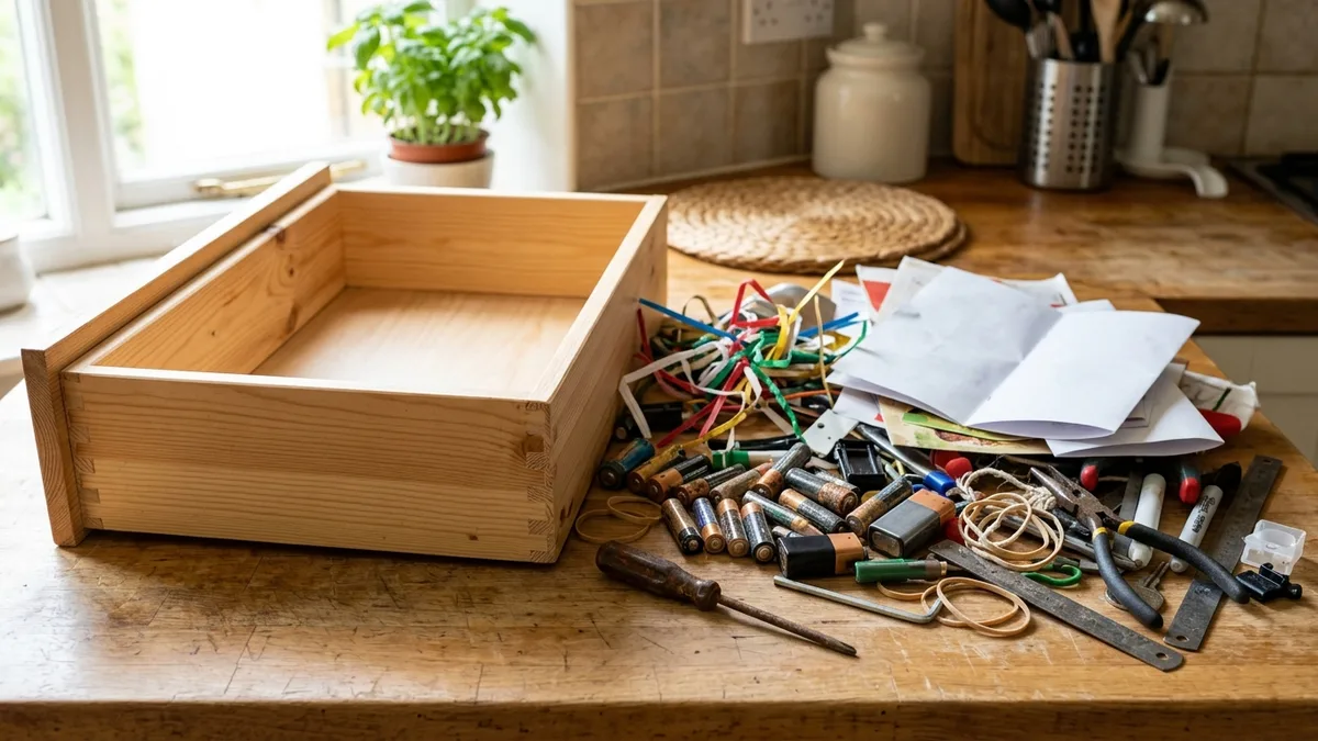 Empty kitchen drawer on countertop surrounded by assorted clutter items ready for sorting and organization