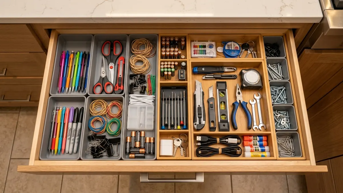 Finished organized junk drawer in a modern kitchen cabinet with divider trays and sorted household essentials