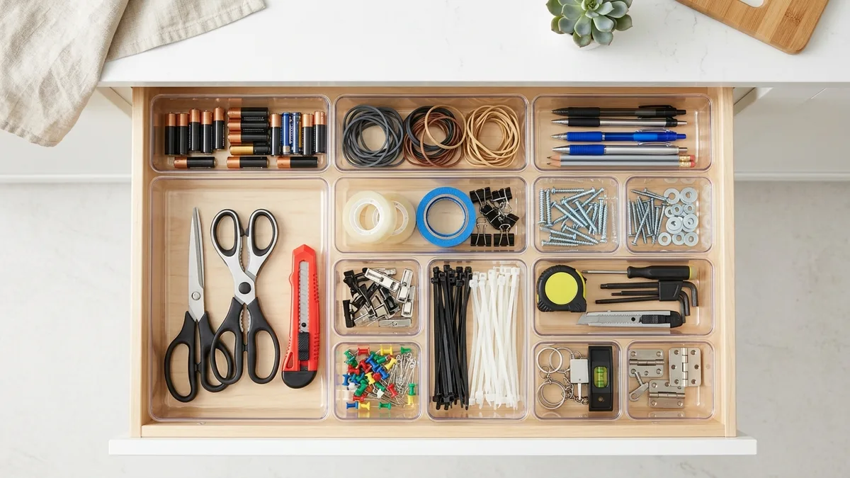 Organized kitchen junk drawer with clear plastic divider trays sorting batteries, pens, scissors, and small tools