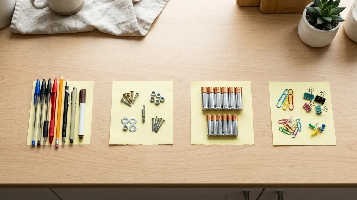 Assorted small household items sorted into labeled categories on a kitchen countertop before being placed back in a drawer