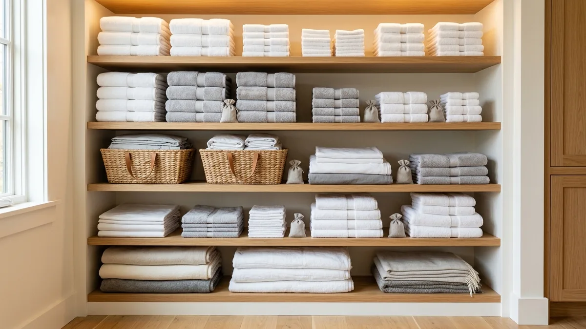 Neatly organized linen closet with folded towels on wooden shelves and labeled wicker storage baskets
