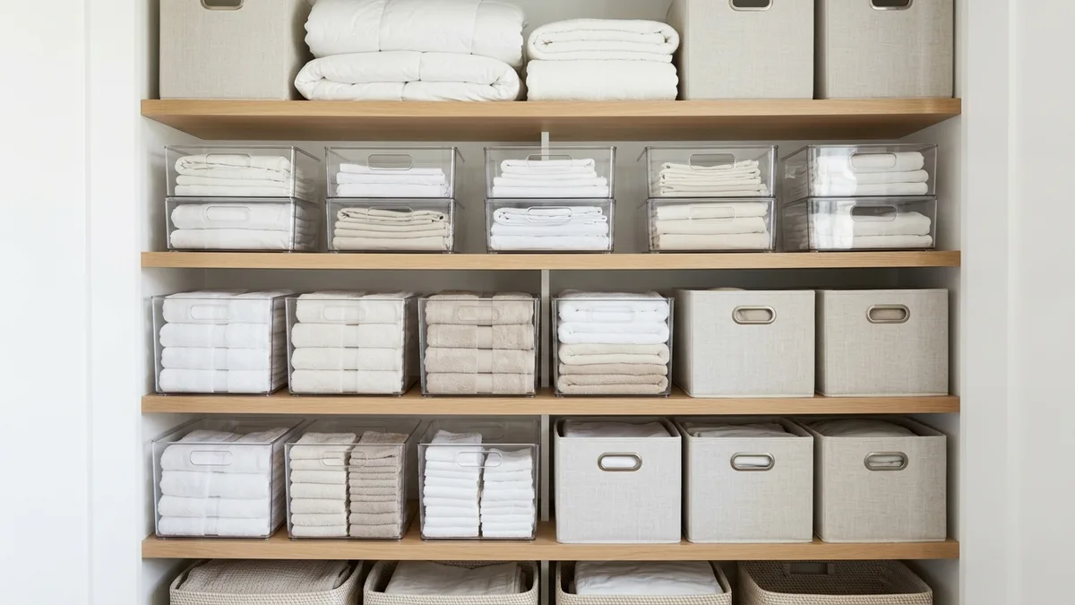 Linen closet interior with clear stackable bins and labeled fabric boxes for sheets, towels, and pillowcases