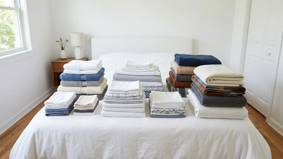 Towels, bed sheets, and pillowcases sorted into piles on a bed during a linen closet decluttering session