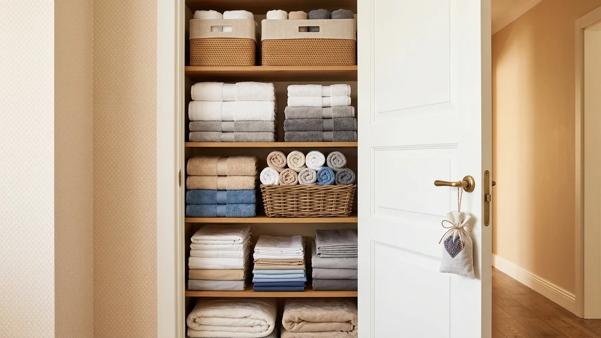 Fully organized linen closet with color-coded folded linens, rolled hand towels in an open basket, and lavender sachets