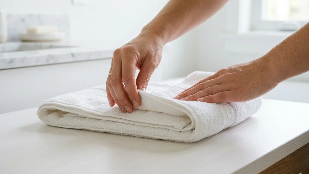 Hands folding a white bath towel into a compact rectangle using a neat folding technique