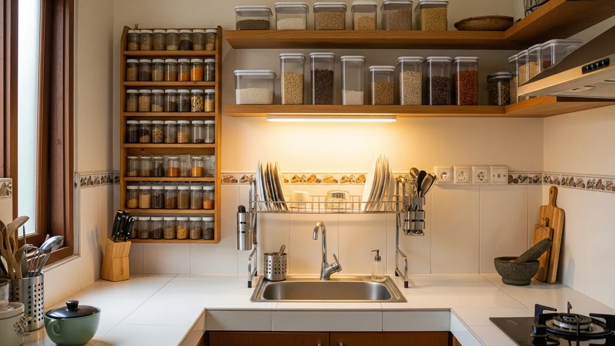 Organized small kitchen with vertical storage, spice racks, and airtight containers