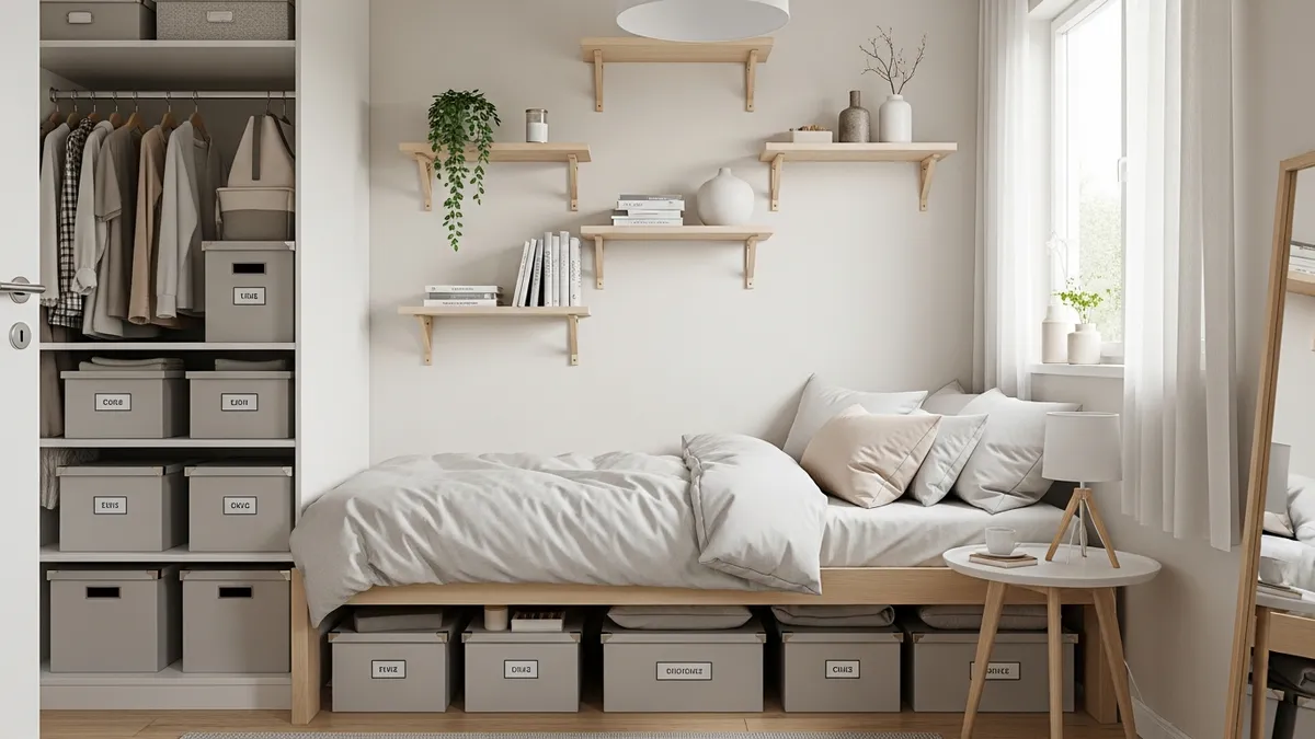 Small bedroom organized with under-bed storage and wall shelves to maximize space