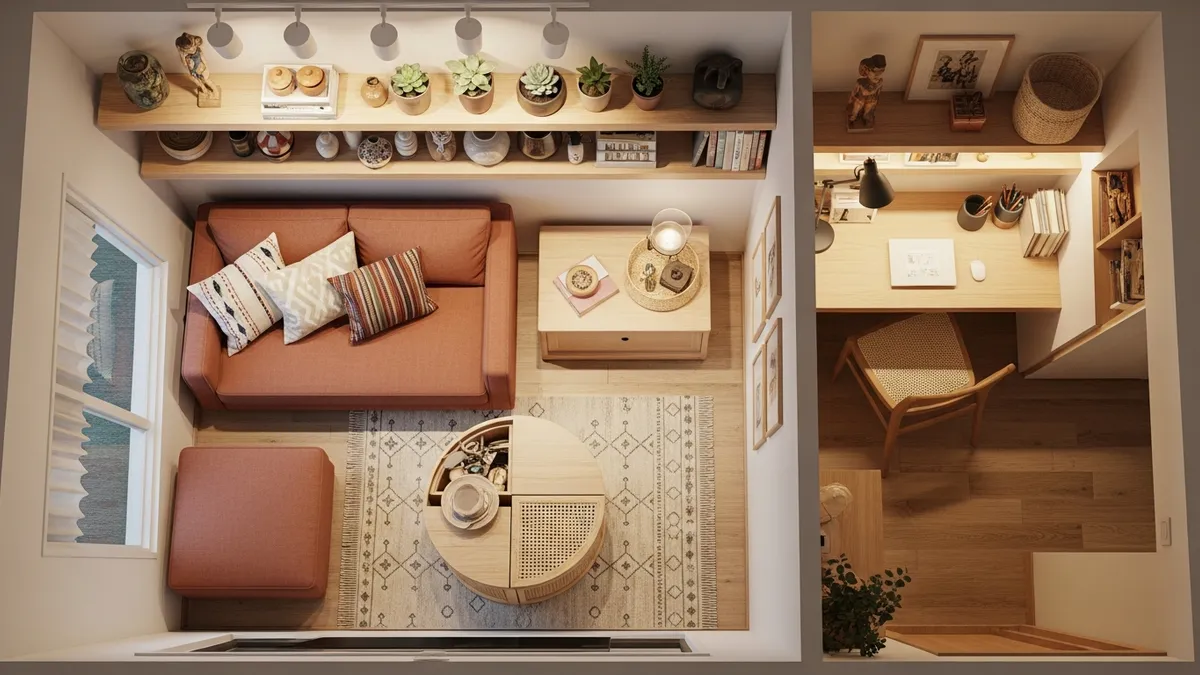 Small house organized into functional zones with smart furniture and wall storage