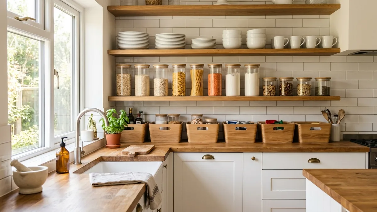 Neatly organized kitchen cabinets with stacked white plates, clear food storage containers, and labeled pantry bins on wooden shelves
