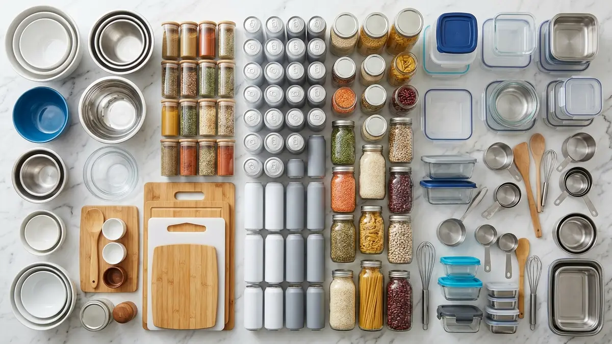 Kitchen cabinet contents spread out on a countertop for sorting and decluttering before reorganization
