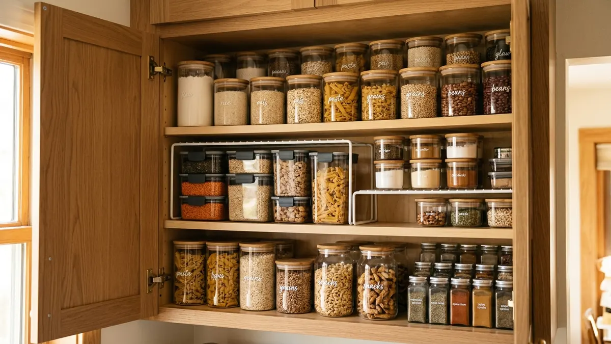 Beautifully organized kitchen cabinet with labeled glass jars for dry goods, matching food containers, and a wire shelf riser for extra vertical storage