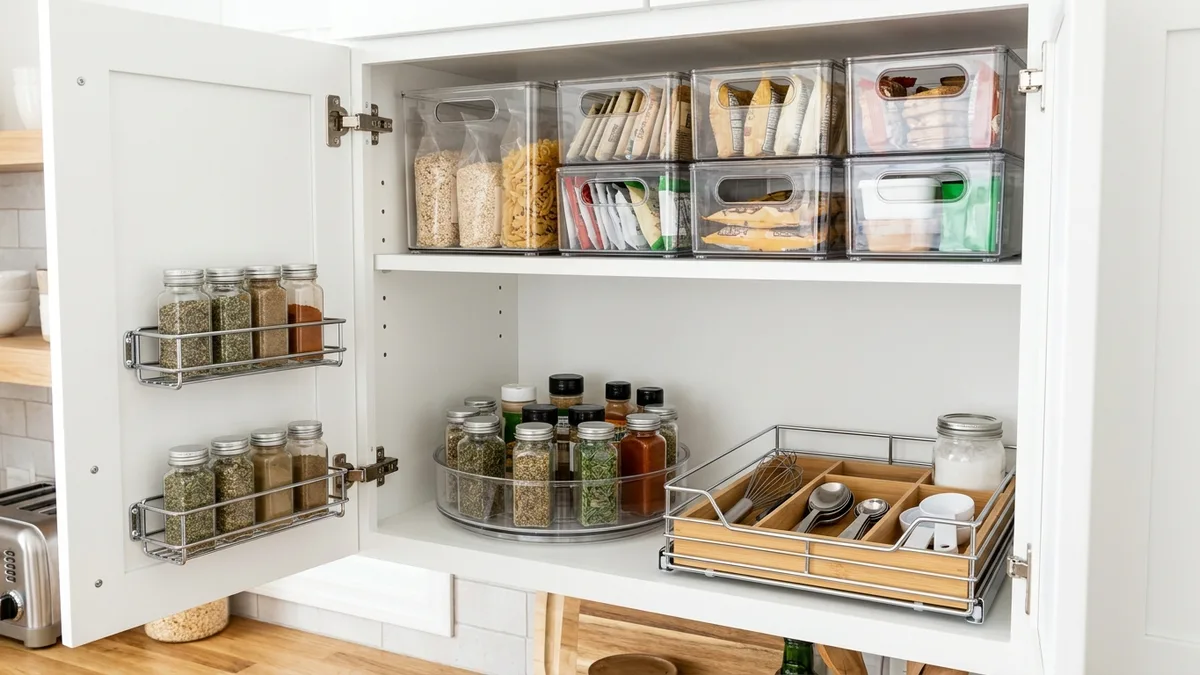 Kitchen cabinet organization tools including stackable clear bins, a turntable organizer, and door-mounted spice holders