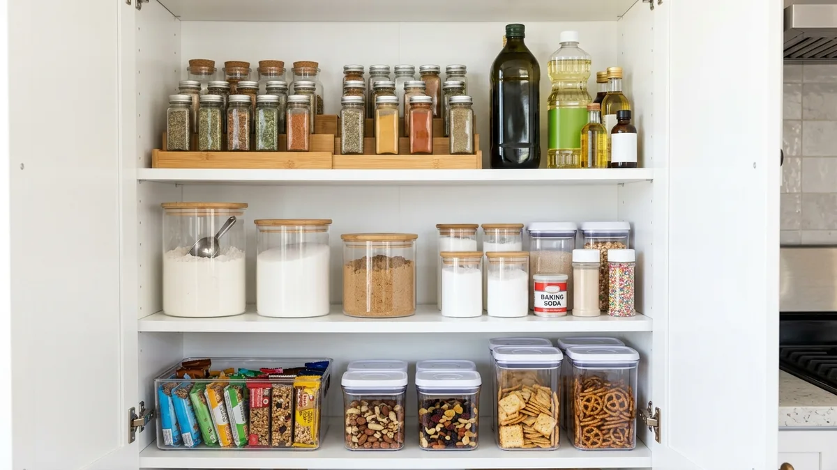 Kitchen cabinet interior divided into organized cooking, baking, and snack zones with labeled clear storage bins