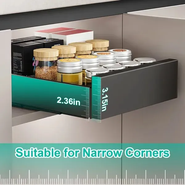 Black steel slide-out drawer pulled out of a cabinet with rows of small spice jars with wooden lids, with the drawer height marked. Photo: Sesoris product catalog