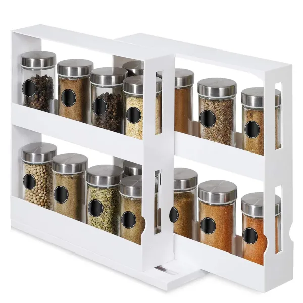 White swivel cabinet spice rack with two 2-tier racks holding glass spice bottles with metal lids, the front rack pulled out and turned. Photo: Sesoris product catalog