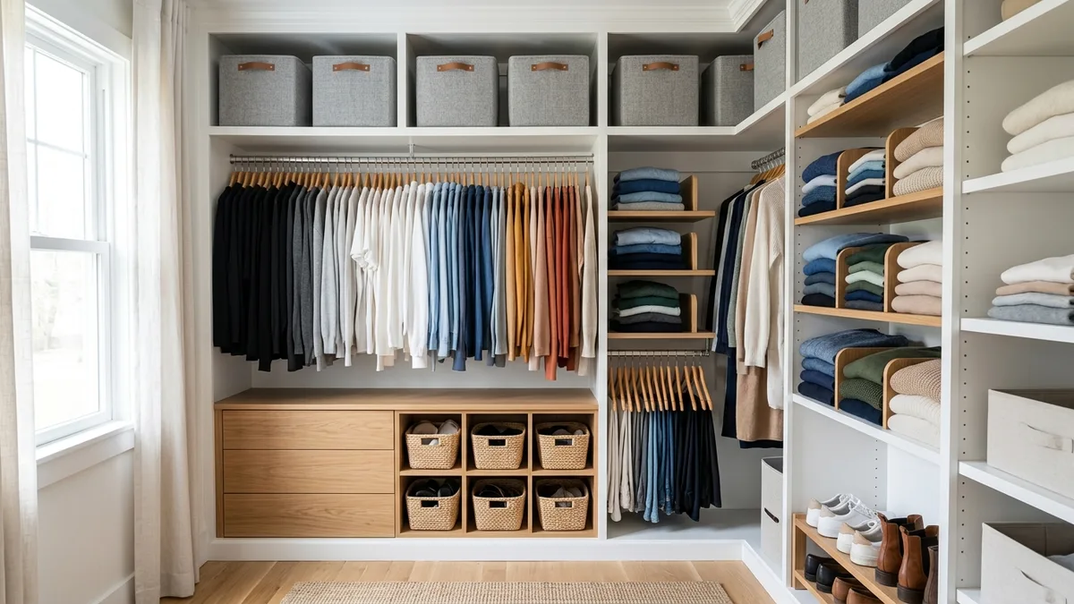 Neatly organized bedroom closet with color-coordinated hanging clothes, folded garments on wooden shelves, and labeled fabric storage bins