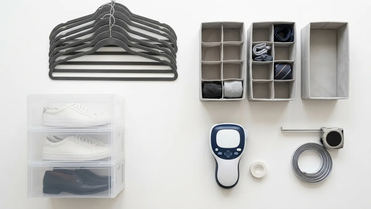 Bedroom closet organization tools including velvet hangers, clear stackable shoe boxes, fabric drawer dividers, and a label maker