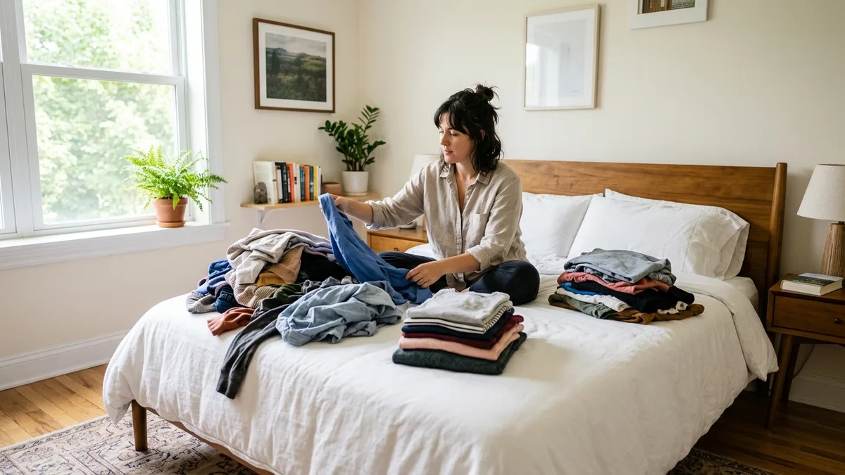 Person sorting clothes into keep, donate, and discard piles on a bed during bedroom closet declutter session