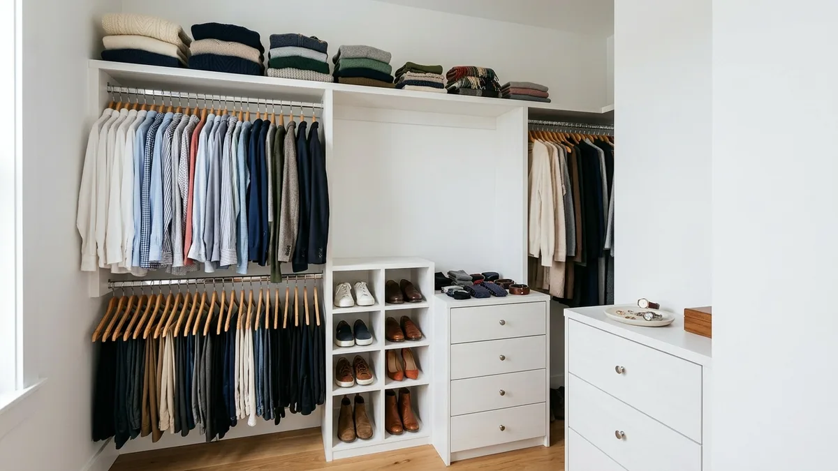 Bedroom closet interior with double hanging rod, upper shelves for folded sweaters, lower shoe cubbies, and a small accessory drawer unit