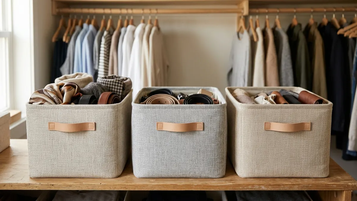Labeled fabric storage bins for accessories, scarves, and belts neatly arranged on a bedroom closet shelf